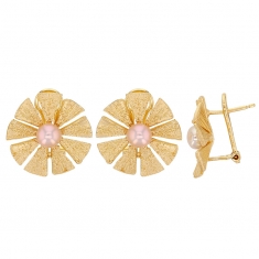 Boucles d'oreilles fleur aspect ciselé, perle de culture d'eau douce, argent 925/1000 doré