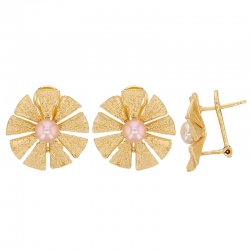 Boucles d'oreilles fleur aspect ciselé, perle de culture d'eau douce, argent 925/1000 rhodié