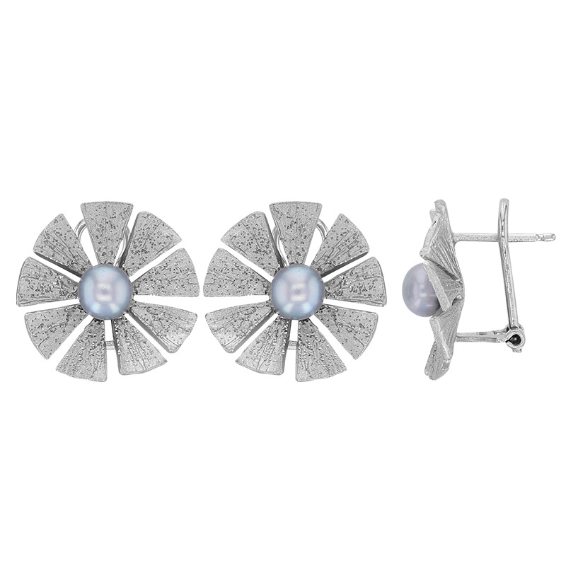 Boucles d'oreilles fleur aspect ciselé, perle de culture d'eau douce, argent 925/1000 rhodié