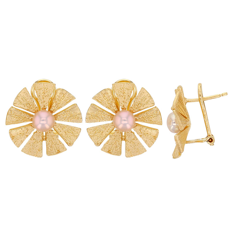 Boucles d'oreilles fleur aspect ciselé, perle de culture d'eau douce, argent 925/1000 rhodié