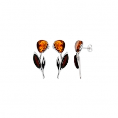 Boucles d'oreilles fleur en Ambre cognac et couleur cerise, argent 925/1000 rhodié