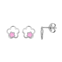 Boucles d'oreilles fleurs ajourées, émail rose en argent 925/1000 rhodié