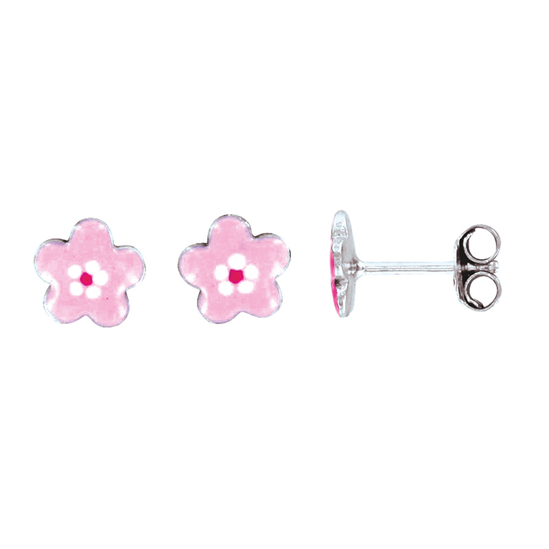 Boucles d'oreilles fleurs, émail rose clair, argent 925/1000 rhodié