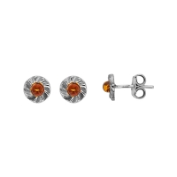 Boucles d'oreilles fleurs striées, ambre cognac en argent 925/1000 rhodié