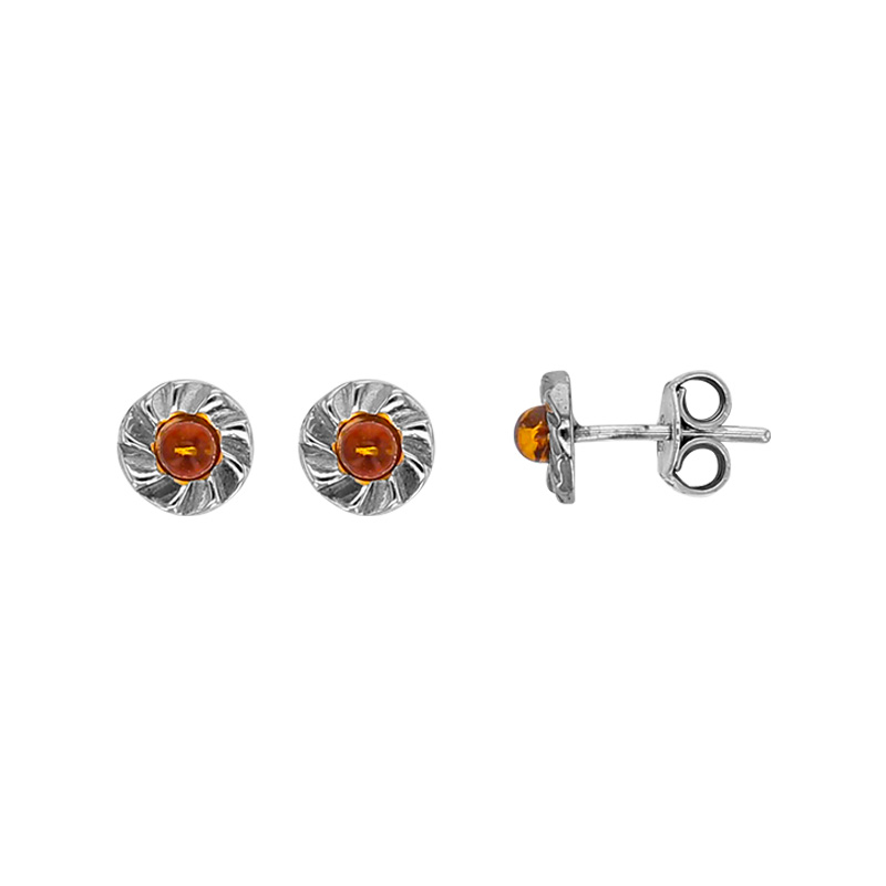 Boucles d'oreilles fleurs striées, ambre cognac en argent 925/1000 rhodié
