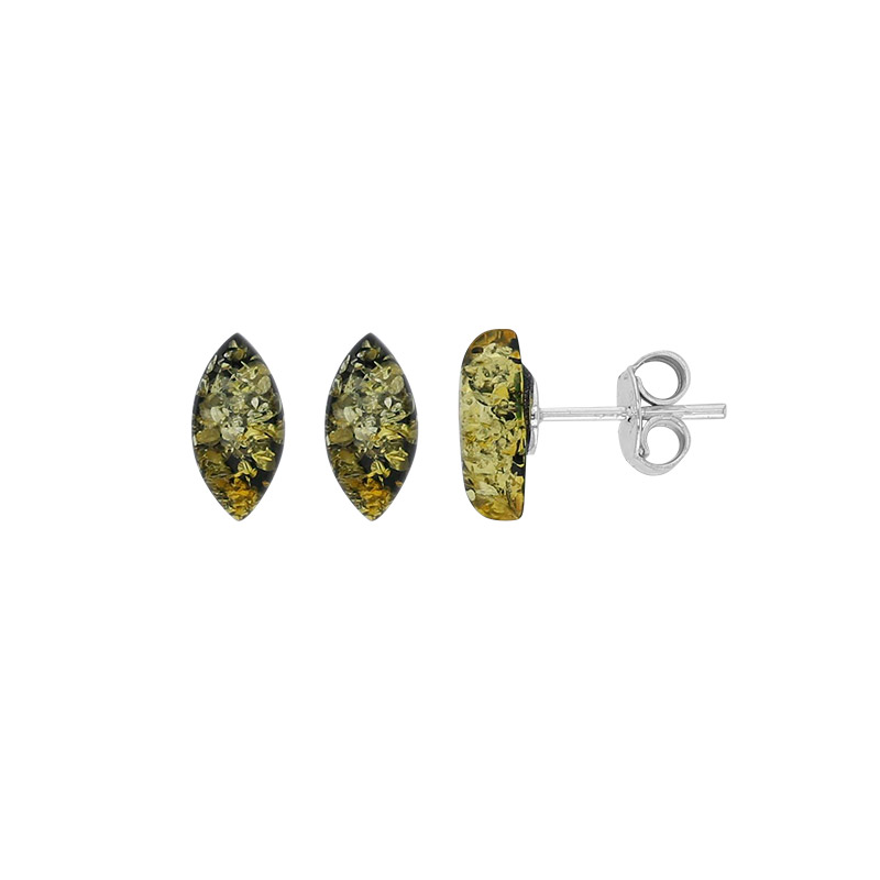 Boucles d'oreilles forme amande ambre verte en argent 925/1000