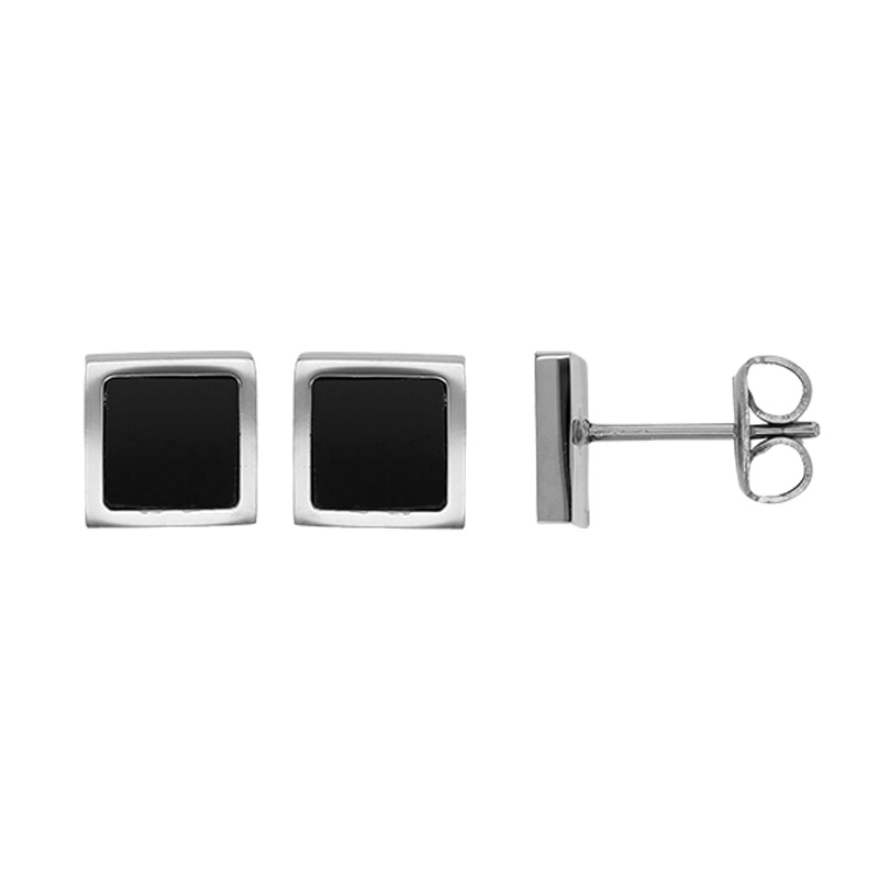 Boucles d'oreilles forme carré en cristal noir et acier