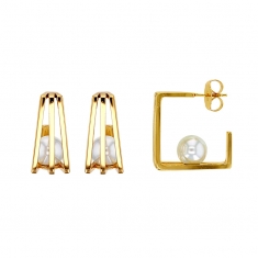 Boucles d'oreilles forme carré ornées de perles de Majorque blanc nacré et laiton doré