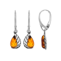 Boucles d'oreilles forme goutte ajourée ambre cognac, argent 925/1000 vieilli