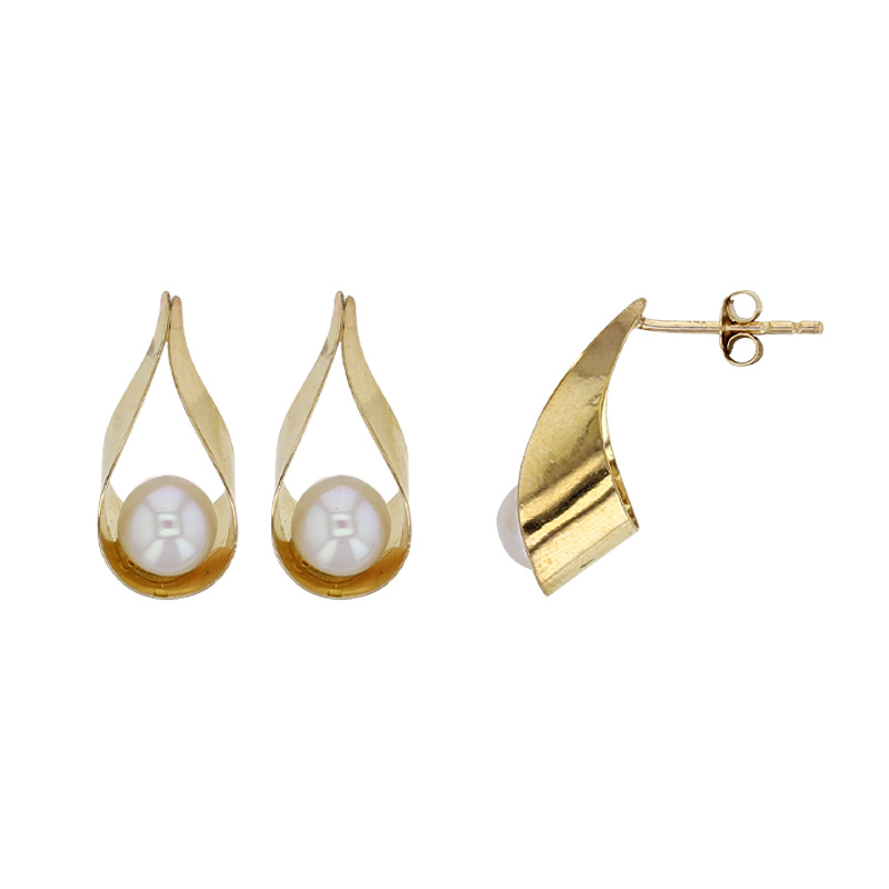 Boucles d'oreilles forme goutte ajourée ornées d'une perle de culture d'eau douce, Or 375/1000