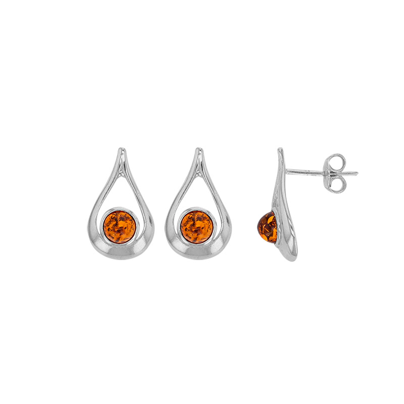 Boucles d'oreilles forme goutte, ambre cognac argent 925/1000 rhodié
