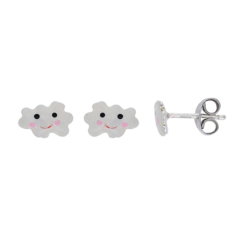 Boucles d'oreilles forme nuage émail blanc argent 925/1000 rhodié