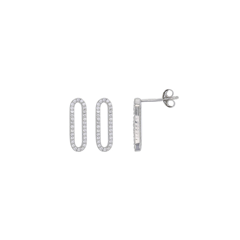 Boucles d'oreilles forme oblongue sertie d'oxyde, argent 925/1000 platiné