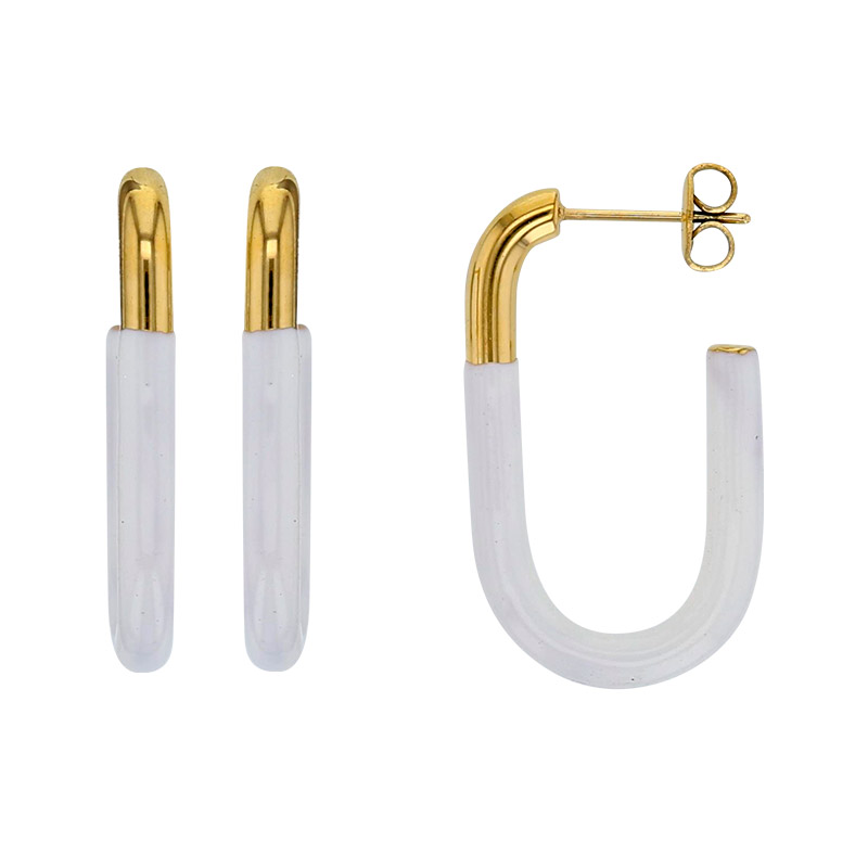 Boucles d'oreilles forme rectangle arrondi en émail blanc et acier doré
