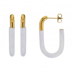 Boucles d'oreilles forme rectangle arrondi en émail blanc et acier doré