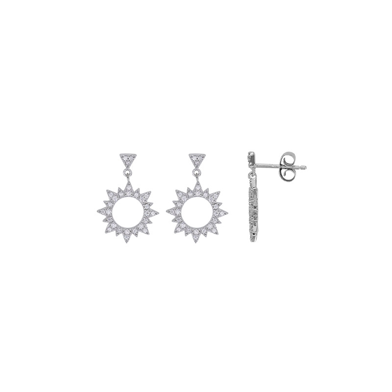 Boucles d'oreilles forme soleil serti d'oxydes, argent 925/1000 rhodié