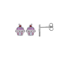 Boucles d'oreilles gâteau cupcake oxydes et émail de couleur, argent 925/1000 rhodié