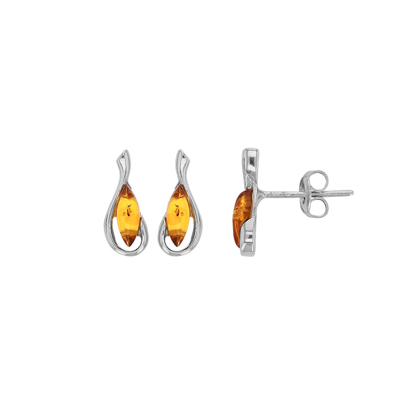 Boucles d'oreilles goutte ajourée, ambre forme amande cognac argent 925/1000 rhodié