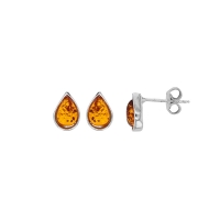 Boucles d'oreilles gouttes ambre cognac en argent 925/1000 rhodié