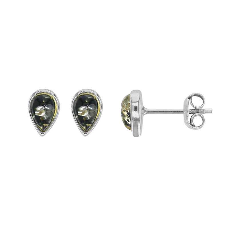 Boucles d'oreilles gouttes ambre vert en argent 925/1000