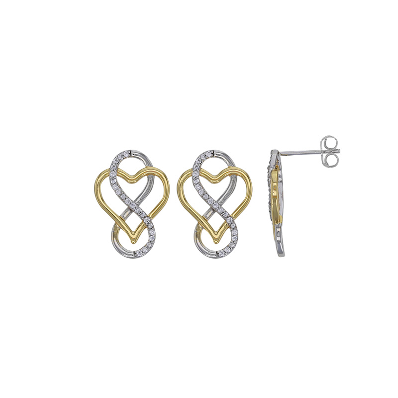 Boucles d'oreilles infini empierré et coeur doré entrelacés, argent 925/1000 rhodié et doré