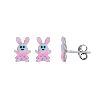 Boucles d'oreilles lapin émail rose argent 925/1000 rhodié