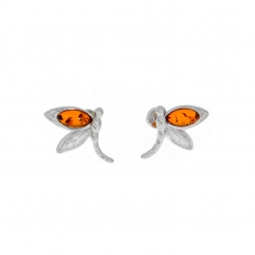 Boucles d'oreilles libellule en Ambre miel et argent 925/1000 rhodié
