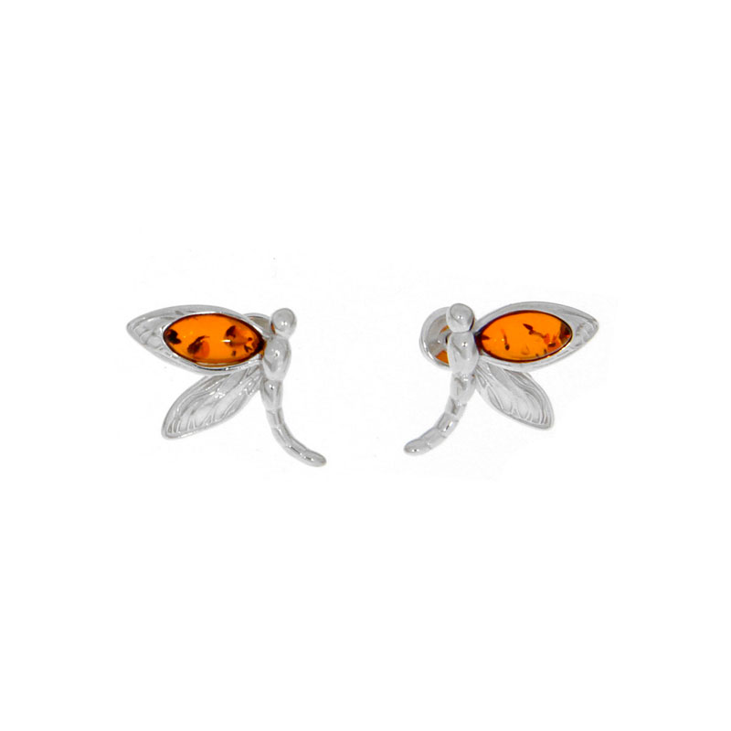 Boucles d'oreilles libellule en Ambre miel et argent 925/1000 rhodié