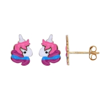 Boucles d'oreilles licorne émaillées blanc, violet et rose en argent 925/1000 doré