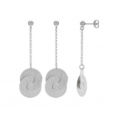 Boucles d'oreilles longues disques entrelacés striés, argent 925/1000 platiné