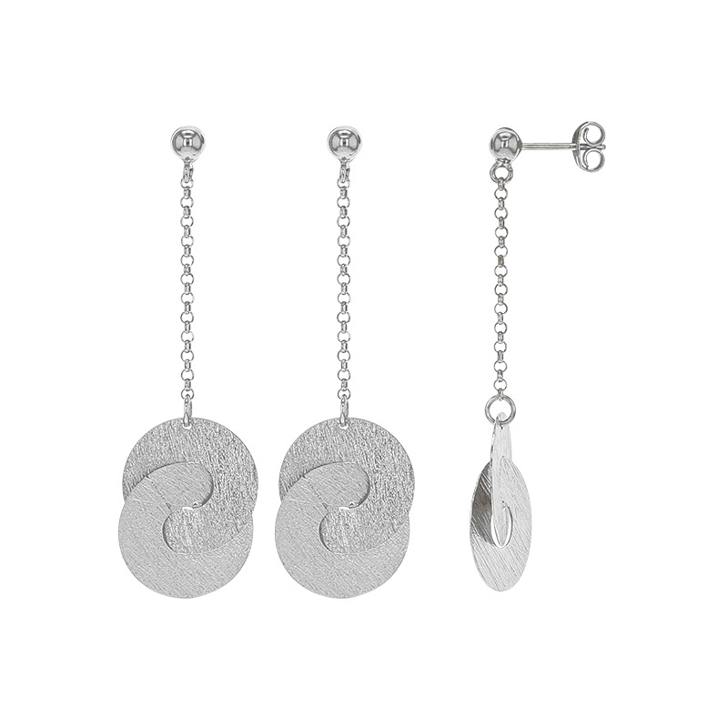 Boucles d'oreilles longues disques entrelacés striés, argent 925/1000 platiné