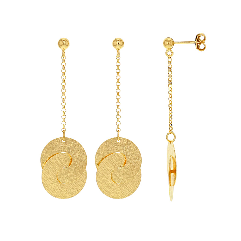 Boucles d'oreilles longues disques entrelacés striés, argent 925/1000 platiné