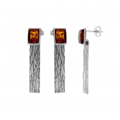 Boucles d'oreilles longues en Ambre et Argent 925/1000 rhodié avec rainures