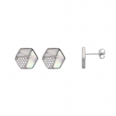 Boucles d'oreilles MADRE PERLA hexagone en Argent rhodié 925/1000 oxydes de zirconium et nacre