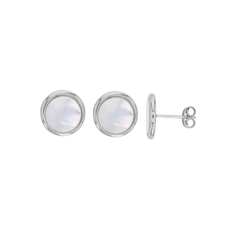 Boucles d'oreilles MADRE PERLA style puces rondes en argent 925/1000 rhodié et nacre