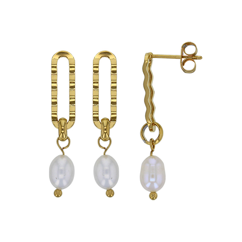 Boucles d'oreilles maille allongée et perle de culture d'eau douce en acier doré