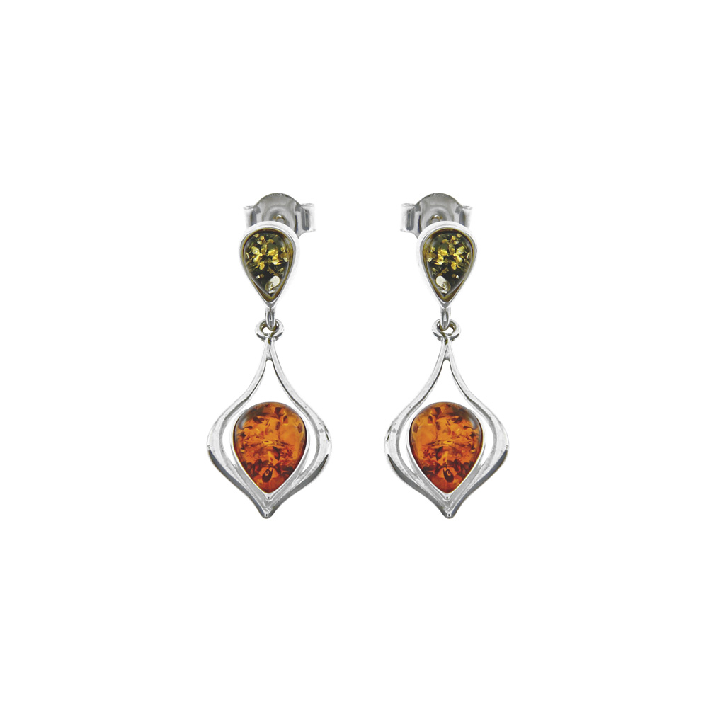 Boucles d'oreilles mi-longues forme pique avec ambre vert et cognac, argent 925/1000