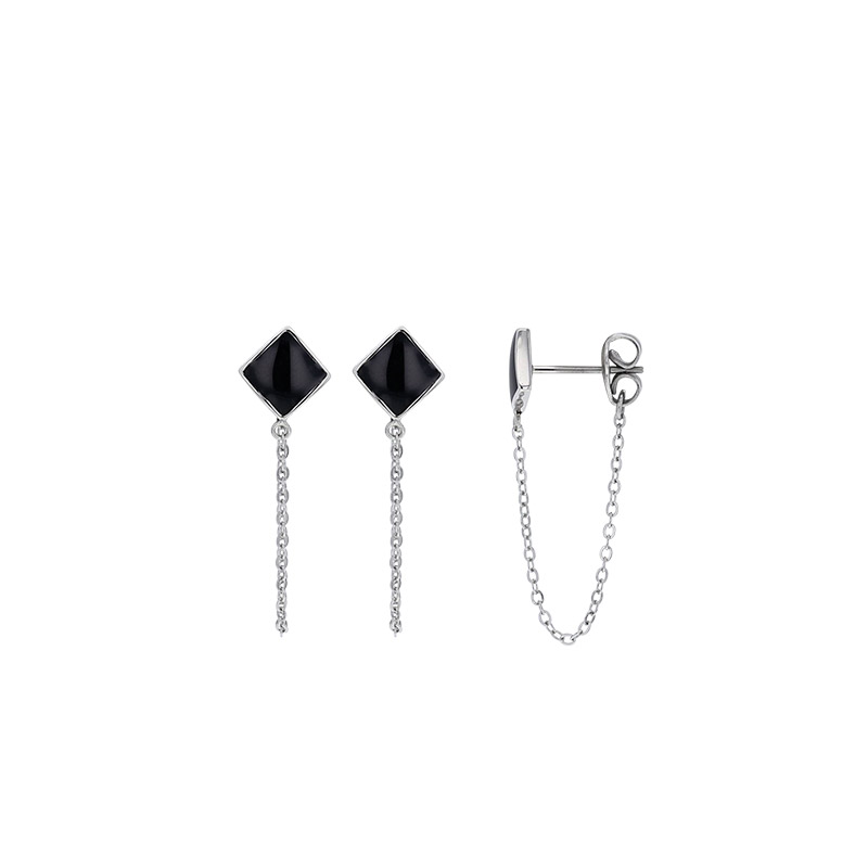 Boucles d'oreilles mini chaîne losange résine noire, acier