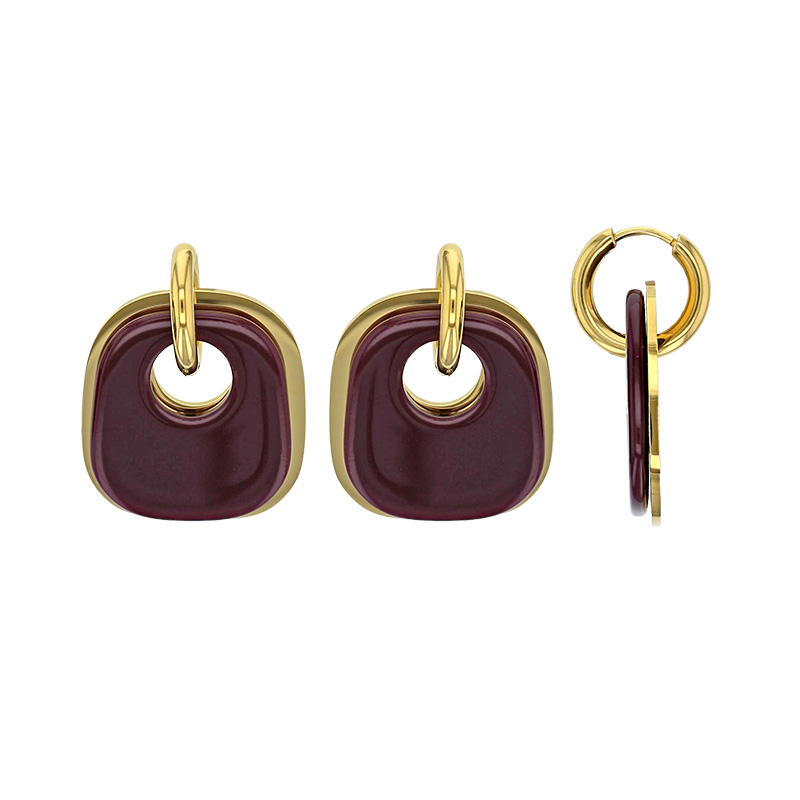 Boucles d'oreilles motif carré arrondi ajouré en résine bordeaux, acier doré