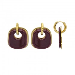 Boucles d'oreilles motif carré arrondi ajouré en résine bordeaux, acier doré