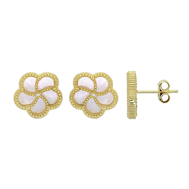 Boucles d'oreilles motif fleur avec nacre et cristal en argent 925/1000 doré