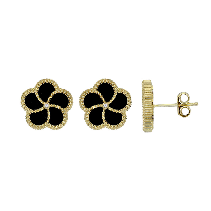 Boucles d'oreilles motif fleur avec nacre et cristal en argent 925/1000 doré