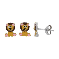 Boucles d'oreilles motif lion émail jaune moutarde et marron, argent 925/1000 rhodié