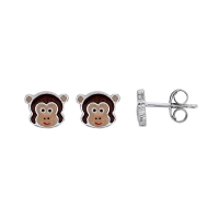 Boucles d'oreilles motif tête de singe émail marron argent 925/1000 rhodié