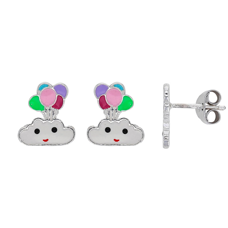 Boucles d'oreilles nuage avec ballons émail multicolores argent 925/1000 rhodié