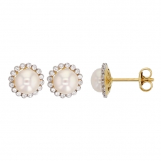 Boucles d'oreilles Or 750/1000 et perle d'eau douce et entourées d'oxydes de zirconium