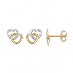 Boucles d'oreilles Or 750/1000 puces avec un coeur blanc et un coeur jaune enlacés