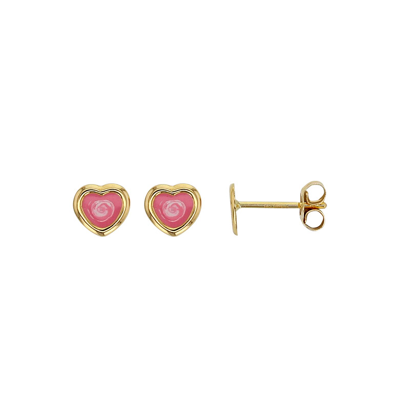 Boucles d'oreilles Or 750/1000 et émail rose - coeurs