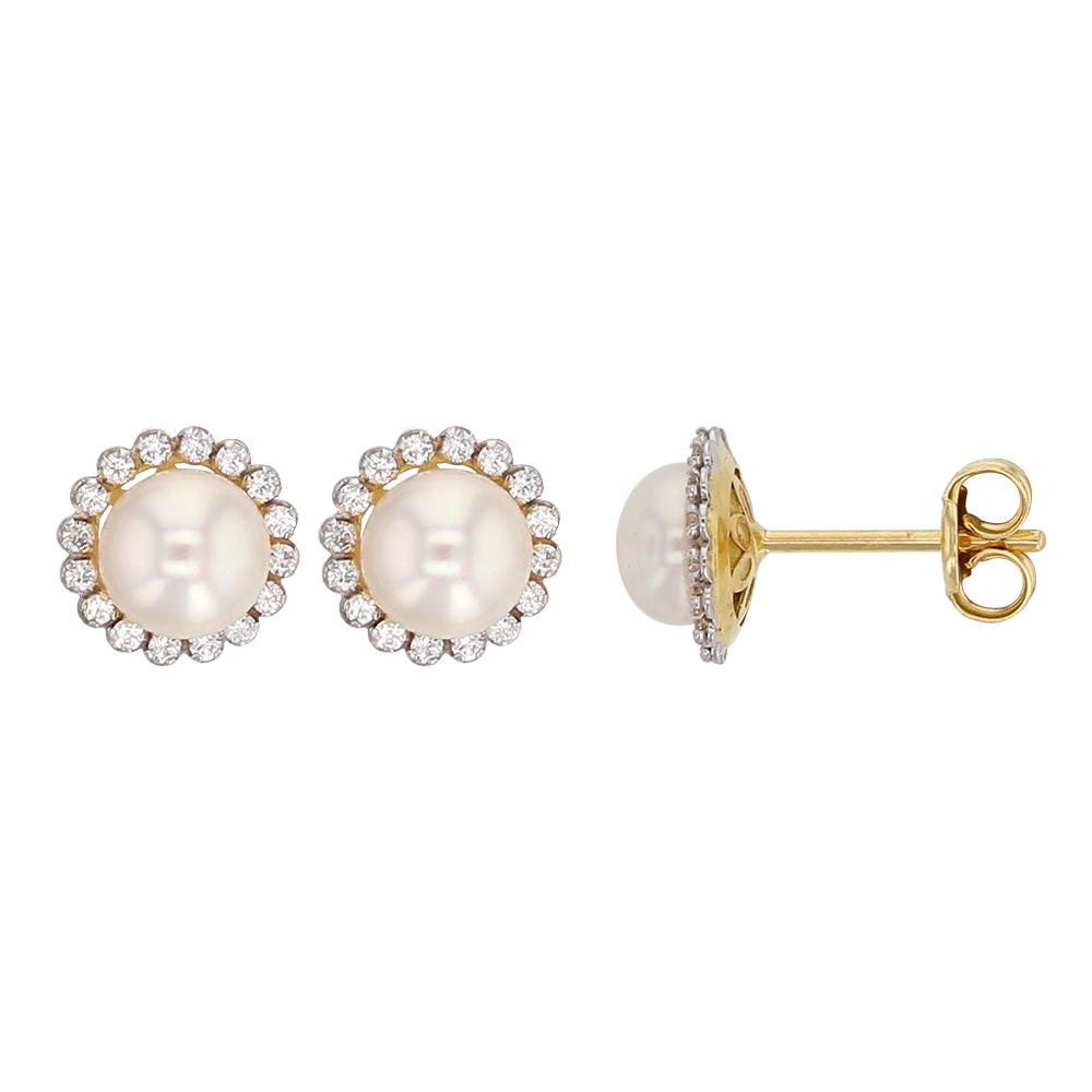 Boucles d'oreilles Or 750/1000 et perle d'eau douce et entourées d'oxydes de zirconium