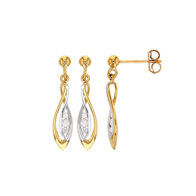 Boucles d'oreilles Or jaune et blanc 375/1000 avec oxydes de zirconium